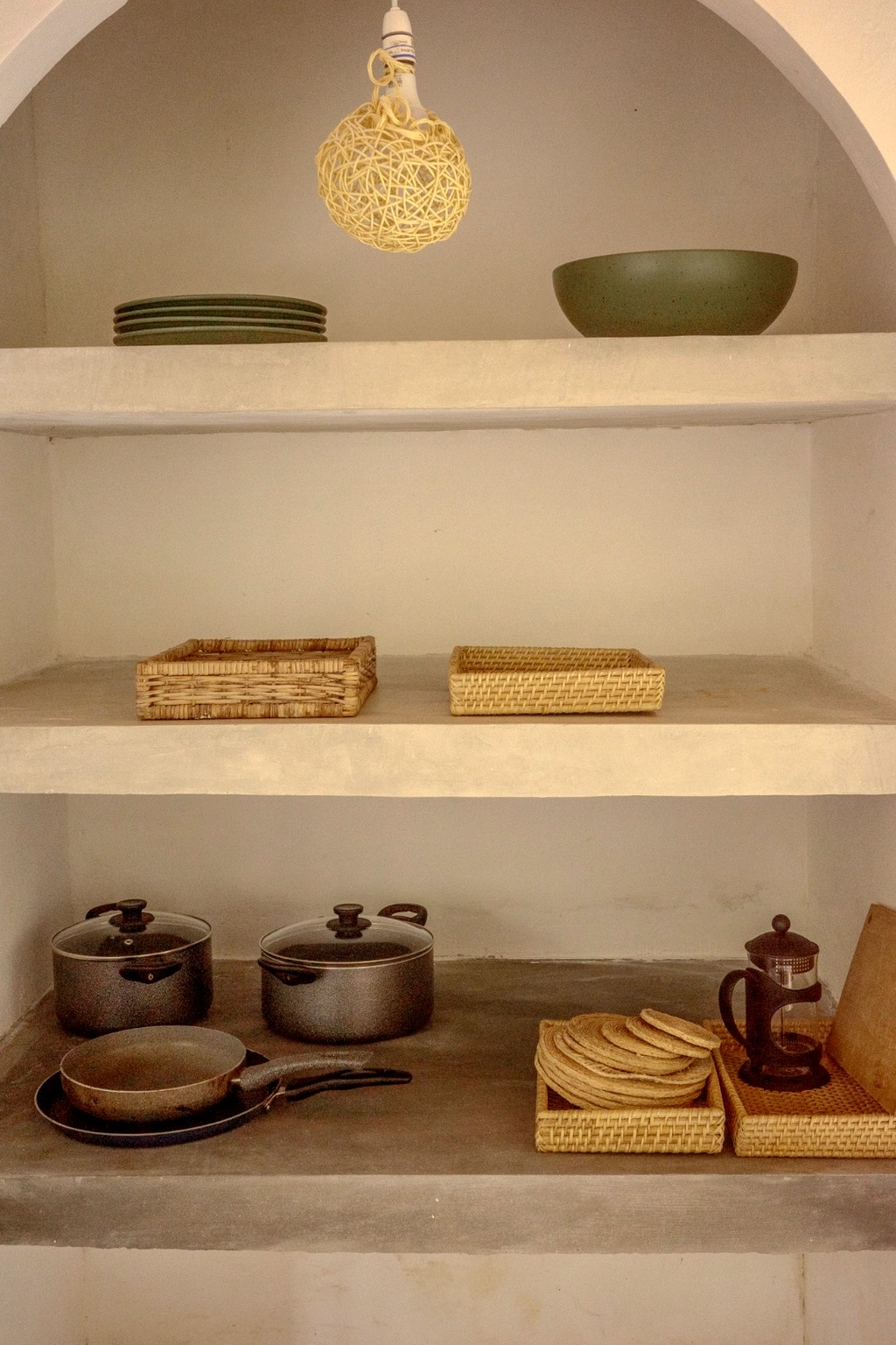 Casa pantry shelving · cookware, coffee maker, woven baskets
