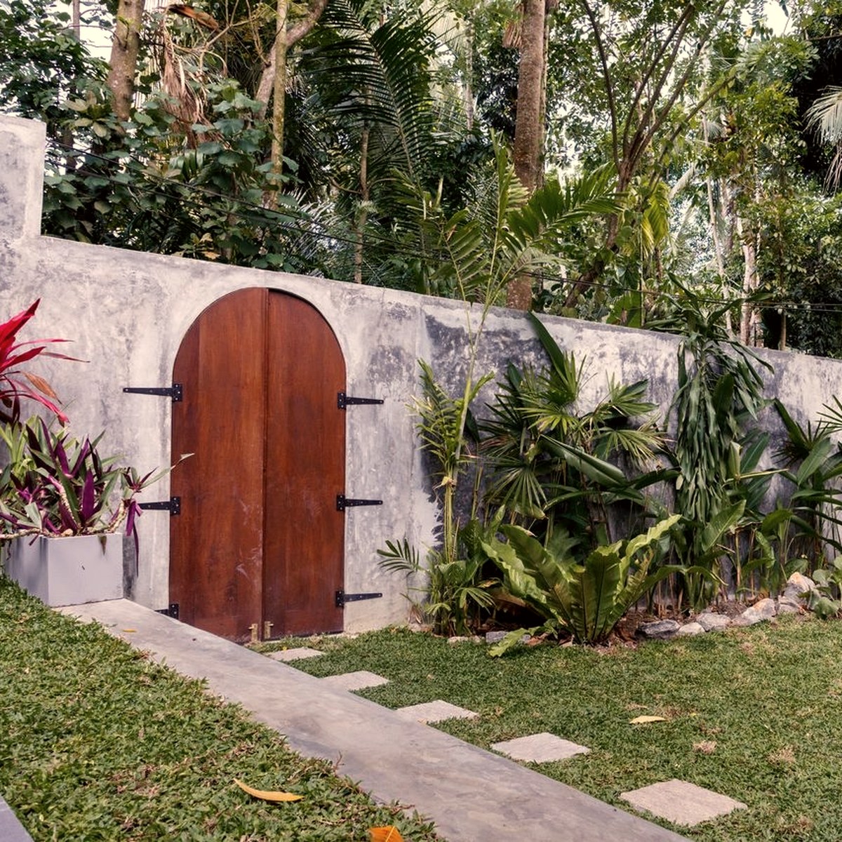 The teak arched garden door at Safiya, framed by palms on a Sri Lankan south-coast morning.