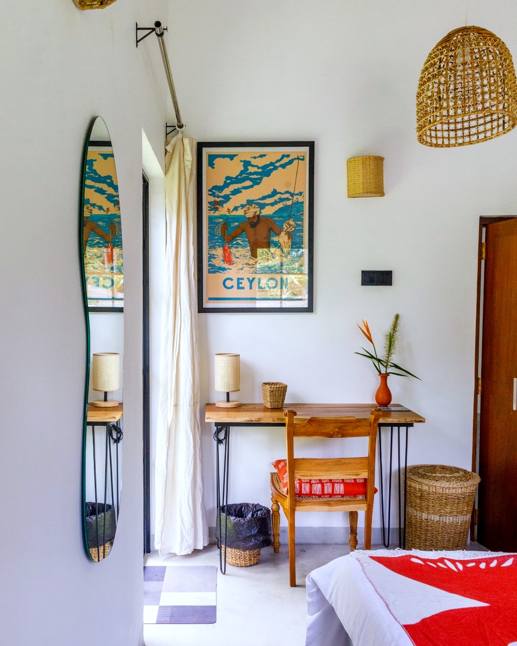 Safiya bedroom two · desk with the Ceylon print and wavy mirror