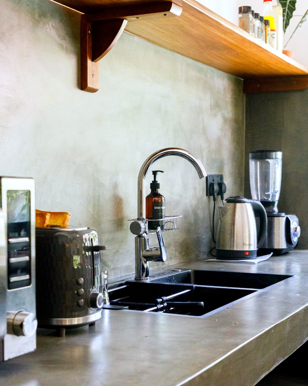 Safiya kitchen · double sink and wooden shelf
